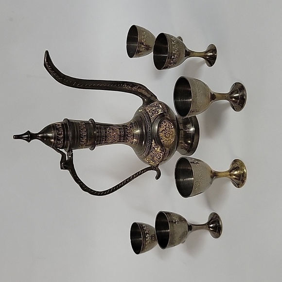 Vintage Brass Pewter Middle Eastern Etched Engraved Pot Plus (6) Goblets - Picture 1 of 10